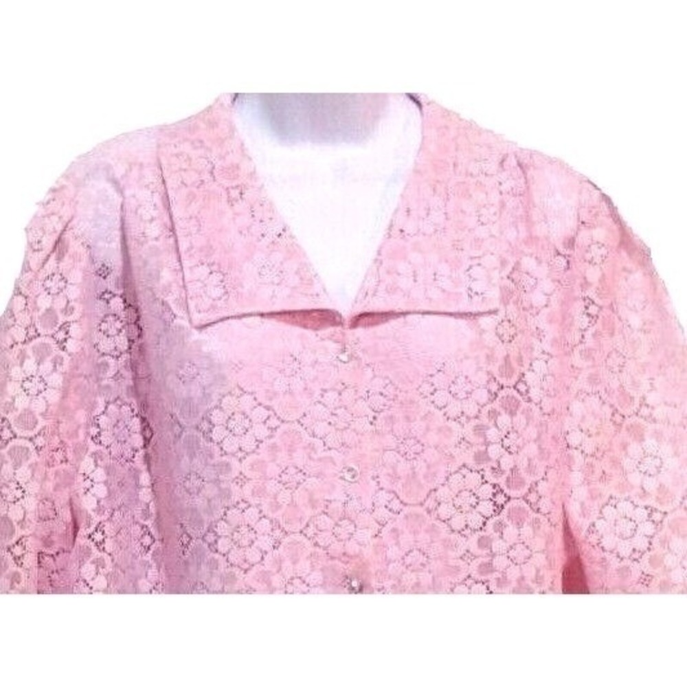Vintage Pink Lace Blouse Womens XL Button Front Long Sleeve Made USA Romantic To - Picture 2 of 11